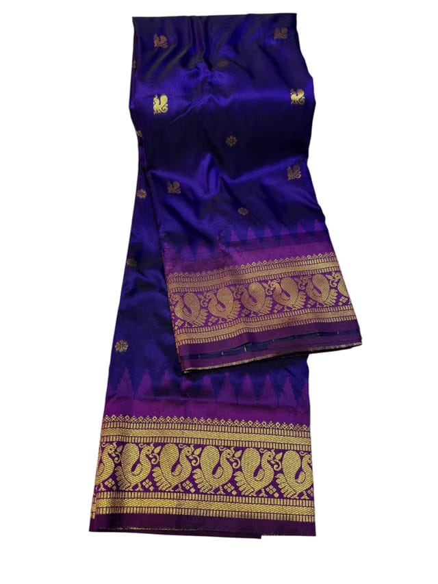 Traditional Peacock Gadwal Paithani Saree, Pure Silk with Contrast Blouse, Floral and Peacock Buttis