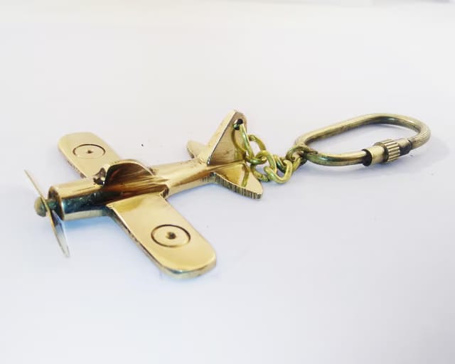 KK Brass Vintage Airplane Keychain, Gold-Tone Metal Aircraft Design, Decorative Key Ring