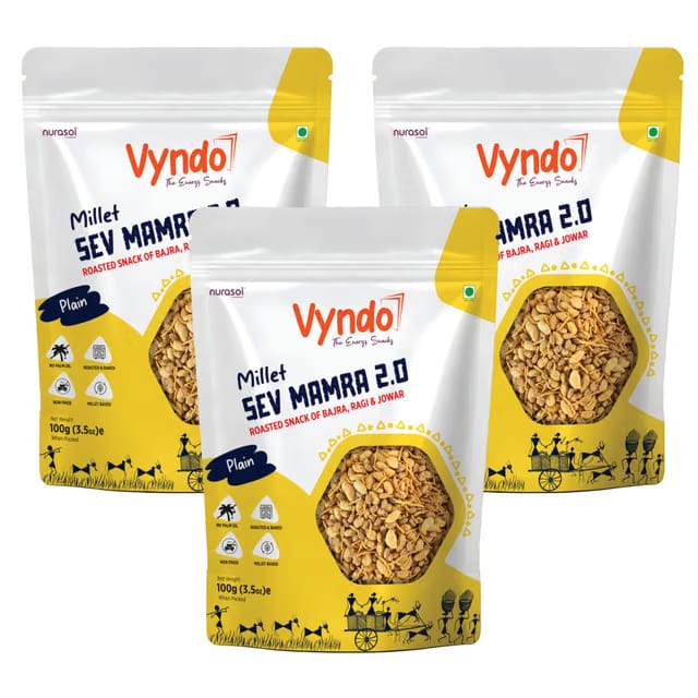 Vyndo Plain Millet Sev Mamra - Healthy Roasted Snack with Bajra, Ragi & Jowar, Gluten-Free, Low Fat Namkeen