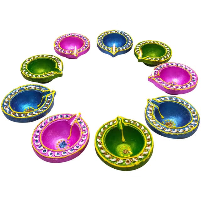 Terracotta Handmade Diyas – Set of 9 Piece Multicolour Oil Lamps for Diwali, Pooja & Home Décor