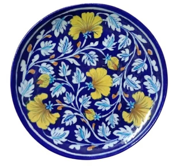 Potterywalaz Jaipur Blue Pottery LilyFlower Design Home Decor Wall Hanging Handmade Plate/Serving Plate 8 inch