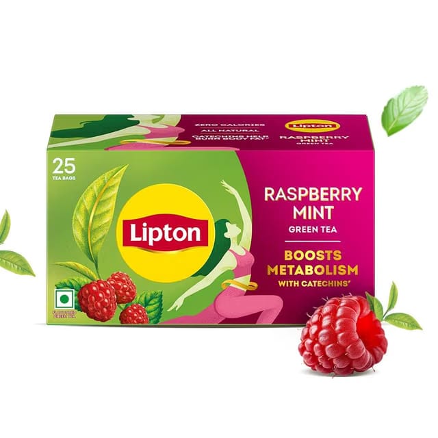 Lipton Green Tea, Raspberry Mint, 25 Tea Bags, for Weight Loss, with Catechins to Boost Metabolism, Zero Added Sugar