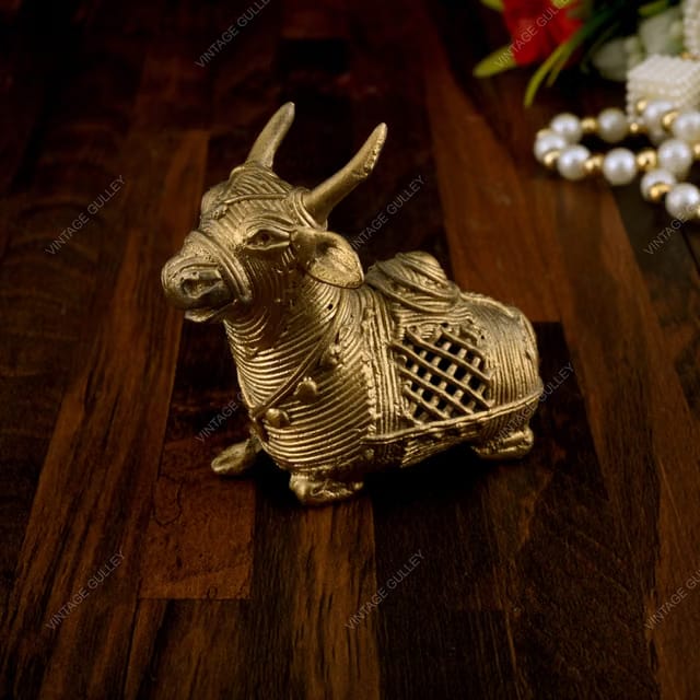 Vintage Gulley Dhokra Art Medium Bull Brass Sculpture