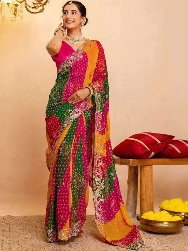Women Pure Georgette Bandhani Printed Embroidered Border Saree With Blouse Piece