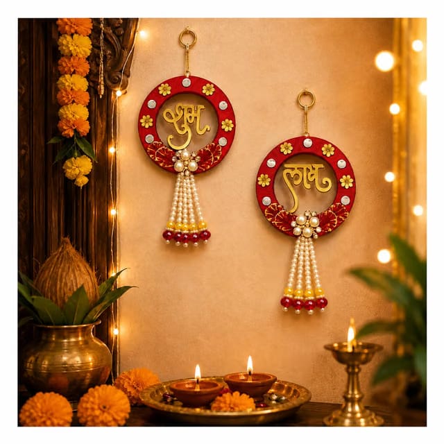 India Shubh Labh Hanging Decoration, Diwali Gift, Home Decoration Item, Puja Room Decor, Office Decor (Red Shubh Labh)