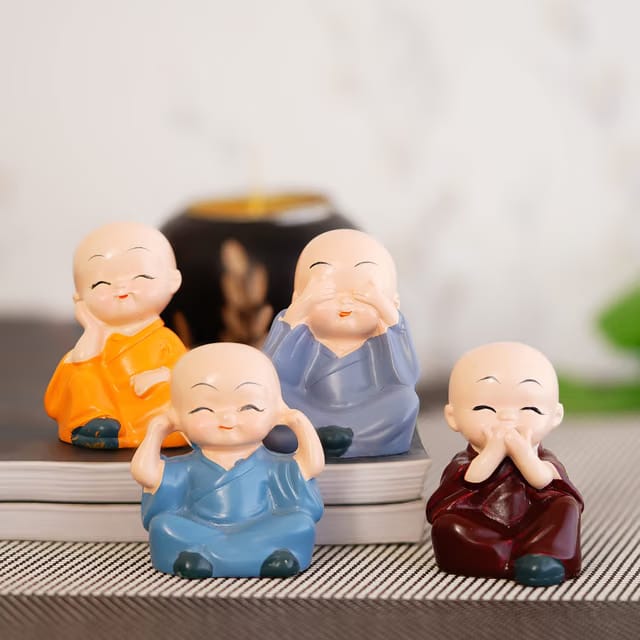 Resin Set of 4 Little Monk Buddha Statue Think No Evil Speak No Evil Hear No Evil See No Evil Showpiece for Home Decor