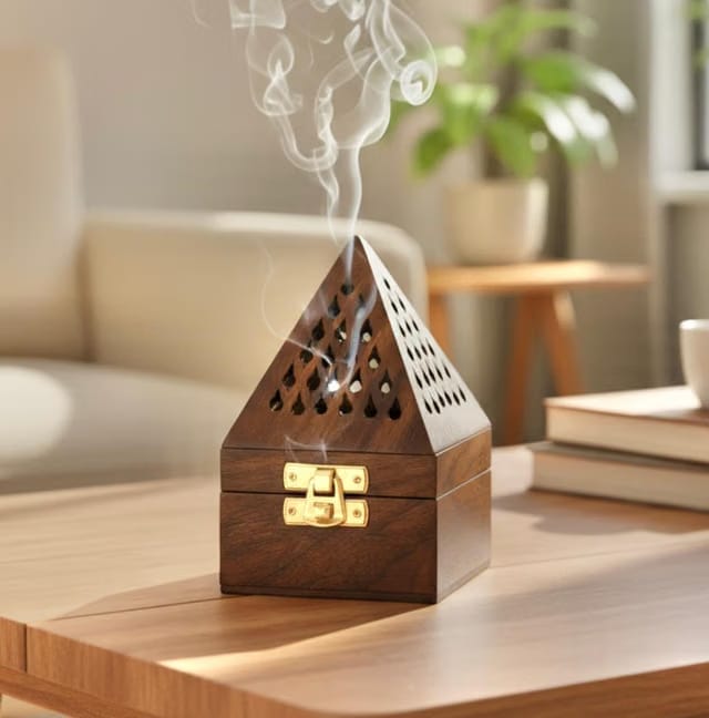 WOOD ART STORE Wooden Pyramid Shape Incense Box Hoder Stand
