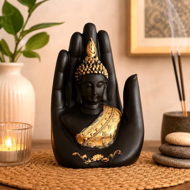 eCraftIndia Resin Black Golden Handcrafted Palm Buddha Statue Showpiece