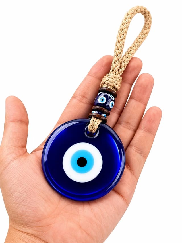 AVORA Evil Eye Hanging for Home & Car, Blue Glass Nazar Battu Wall Decor with Jute Rope Beads