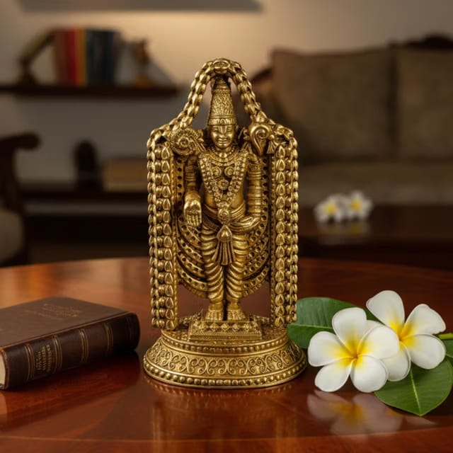 Golden Brass Handcrafted Tirupati Balaji Idol Lord Venkateswara Murti for Mandir Temple Lord Balaji Statue for Home