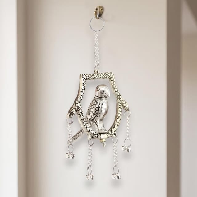 KridayKraft Silver Plated Tikona Parrot Metal Hanging Décor with Chains and Bells