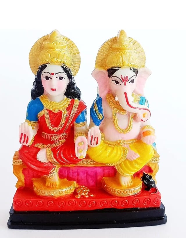 Handcrafted Polyresin Laxmi Ganesha Idol on Joint Platform – Colorful Seated Lakshmi & Ganesh Murti for Home Temple