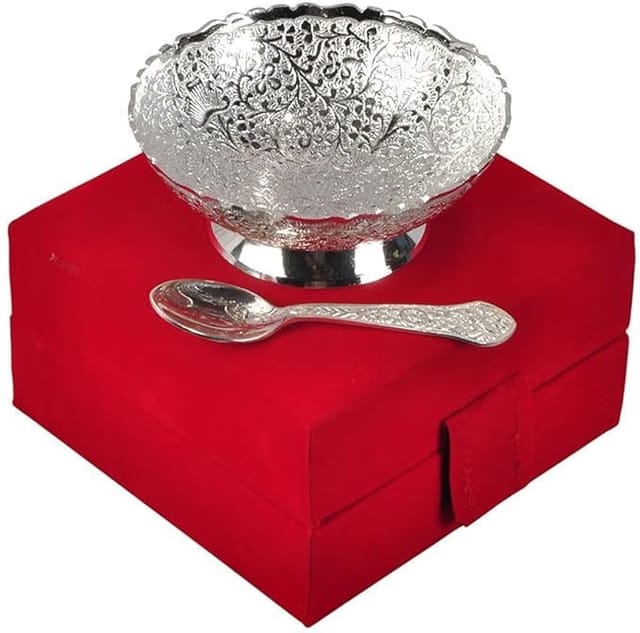 Crafts King Silver Plated Decorative Bowl & Spoon Set with Red Velvet Box – Ornate Floral Design – Ideal for Diwali