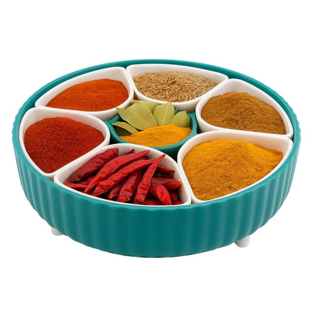 Masala box for Kitchen, 360° Revolving Eligant Spice Box, 7 Section Spices Storage Containers, Rangoli Dabba Box Set