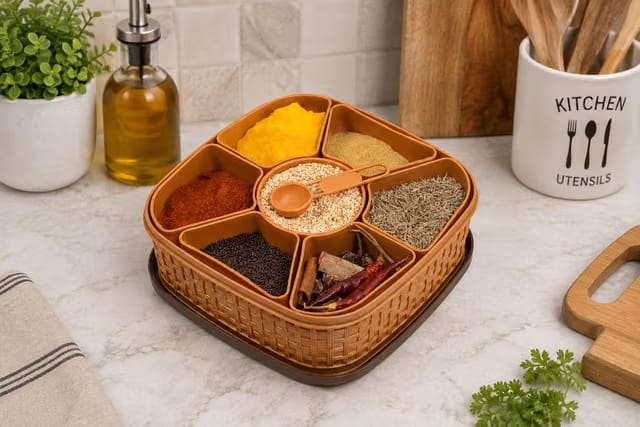 Clazkit Plastic Square 7 Section Multipurpose Masala Dabba, Spice Box Set - Color May Vary