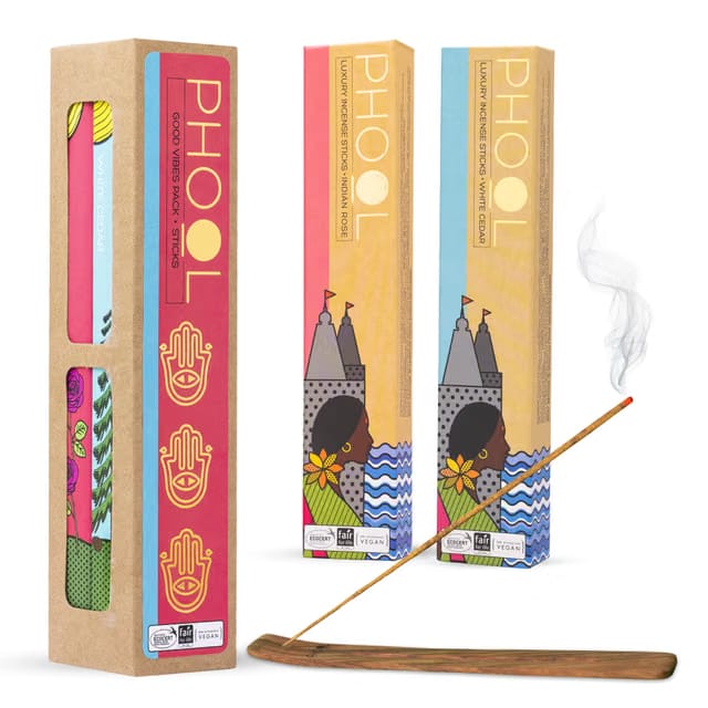 Phool Luxury Incense Good Vibes Combo Pack – Natural Incense Sticks (Indian Rose & White Cedar)
