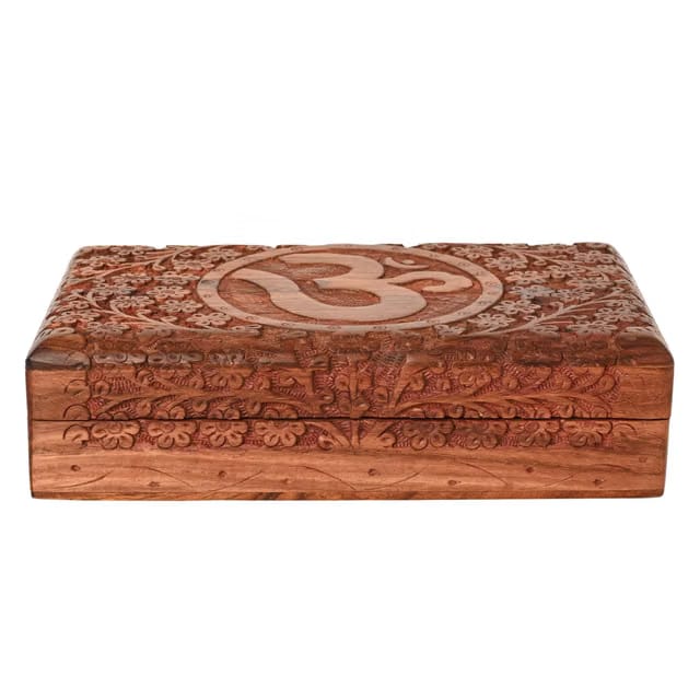 ITOS365 Jewellery Box for Women Wooden Brass Work Flower Carved Om Design Handmade Gifts, 10 Inches
