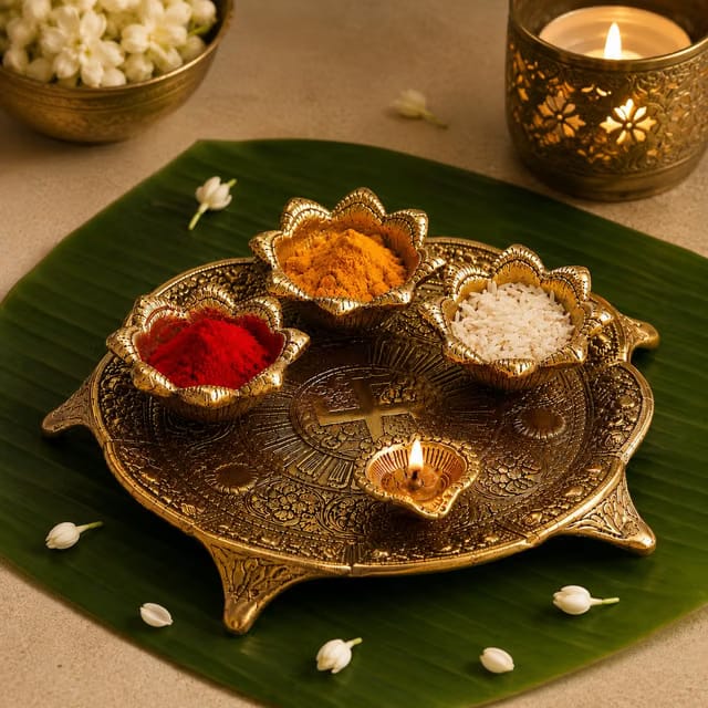 eCraftIndia Golden Metal Swastik Designer Pooja Thali With 3 Bowls And 1 Diya