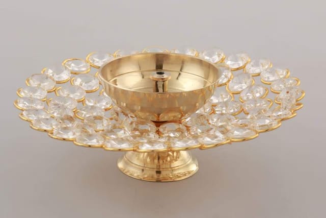 Collectible India Small Crystal Akhand Diya Brass Oil Puja Lamp for Home Office Gifts Pooja Articles Decor (Golden