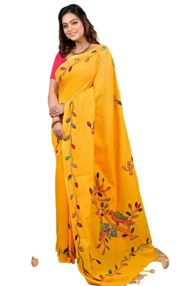 Kantha Stitch Saree with Blouse Piece, Pure Cotton Handloom, Traditional Bengali Ethnic Wear for Durga Puja and