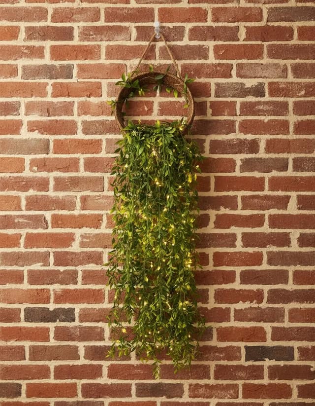 Handmade Natural Jute Rope with artificial green leafs hanging Wall Decor, Rustic Round Hoop with Hanging Rope
