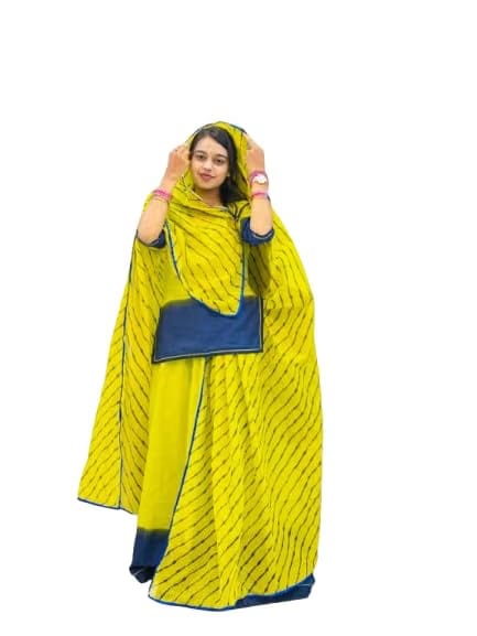 Women's Rajasthani Rajputi Leheriya Cotton Suit Set Jaipuri Tie & Dye Marwadi Poshak with Matching Odhani (Green & Blue)