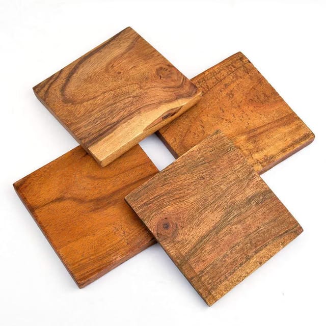 Unique Furniture Sheesham Wood Handcrafted Tea Coasters Set of 4 (Brown)