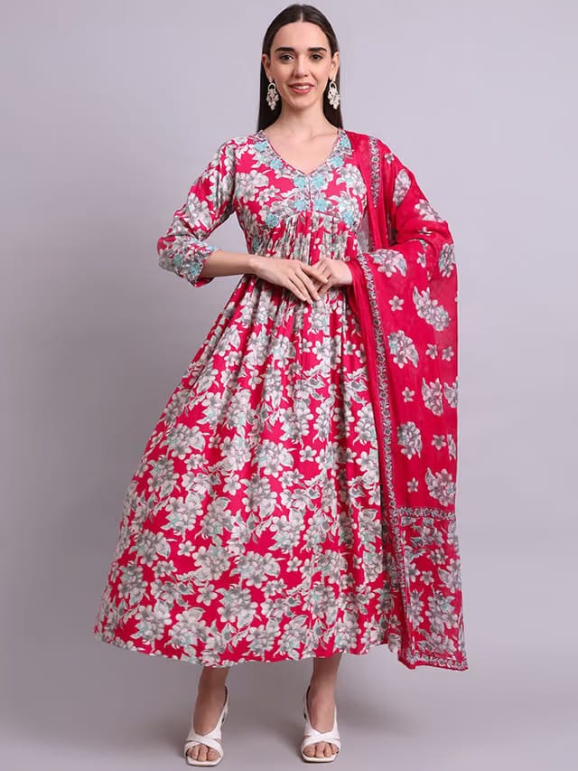 Floral Printed & Embroidered Work Anarkali Dress With Dupatta