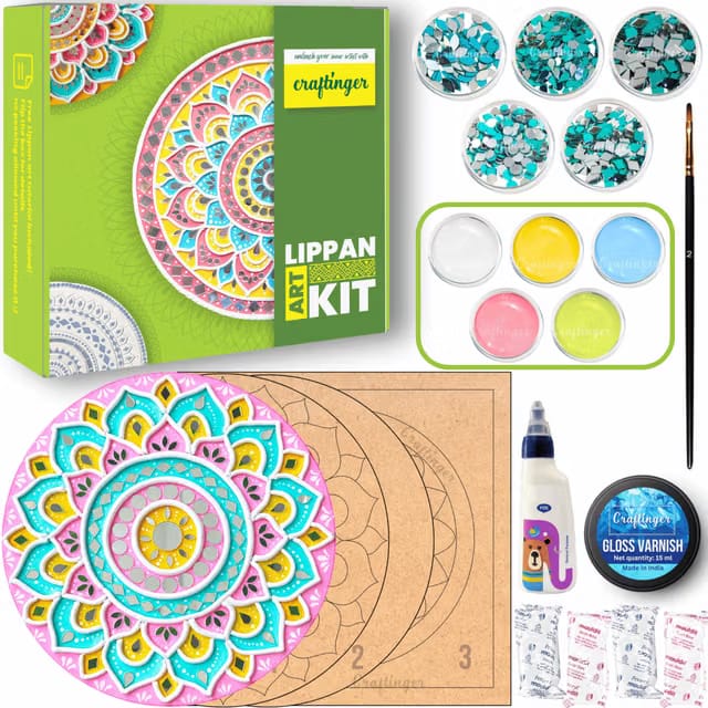 Craftinger Pro Lippan Art Kit 8 Inch For DIY Decor With Pre-Marked MDF Shapes, Acrylic Colors, And Mirrors,Multicolor