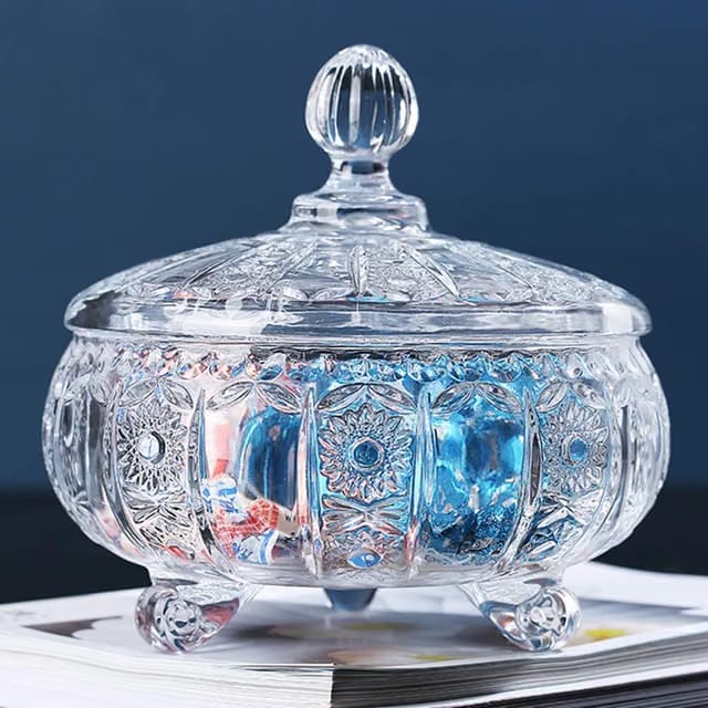 bellemax Flower Pattern Glass Candy Jar with Lid, Decorative Storage Jar for Dry Fruits, Cookies, Chocolates