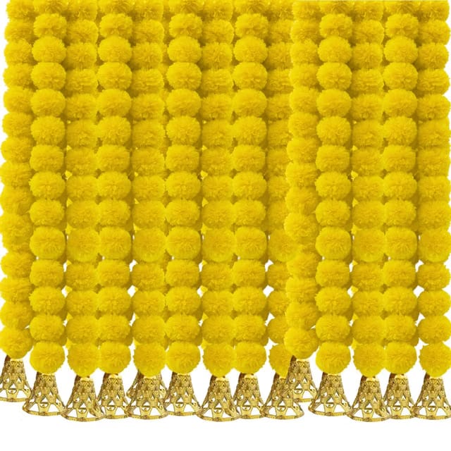 Bindian Artificial Marigold Flower Garland with Hanging Bell, Yellow and Orange, Fabric, 150 cm