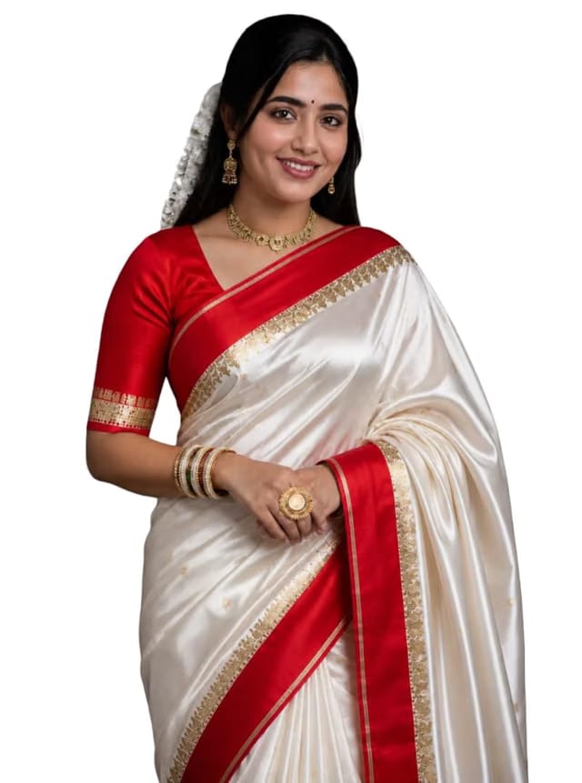 Off White Garad Silk Kanjivaram Saree Red Border Zari Woven Pallu Small Zari Butis Attached Blouse