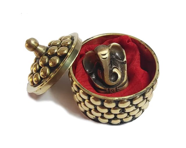 Antique Lord Ganesha idol.Brass Metal Ganesh Murti for Puja.Pocket Size / very small Ganesh in a Cute Box-1 Inch Weight