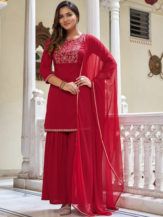 VIBE VISION Embroidered Regular Thread Work Pure Silk Kurta with Sharara & With Dupatta