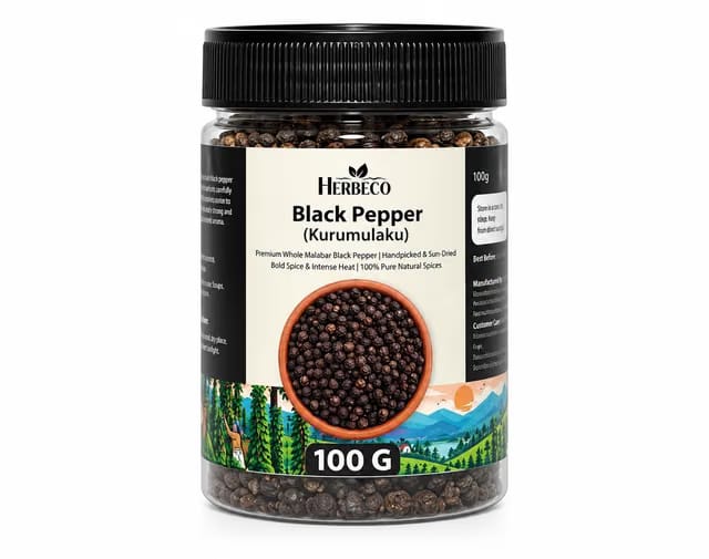 Herbeco Black Pepper 100g Pack of 1 Kali Mirch Whole Peppercorns Aromatic Indian Spice for Cooking Curries Soups Rasam
