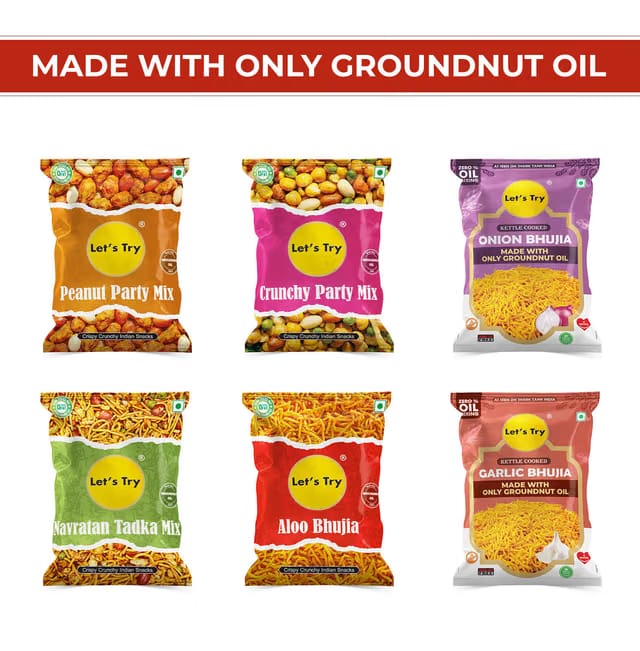 Let's Try Namkeen Combo Pack Of 6 (Crunchy Party Mix Peanut Party Mix Aloo Bhujia)