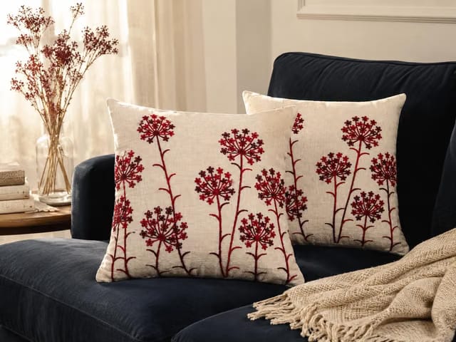 Red Dandelion Embroidered Cushion Covers Set of 2 – 16x16 Inch Decorative Throw Pillow Covers – Handmade Jute