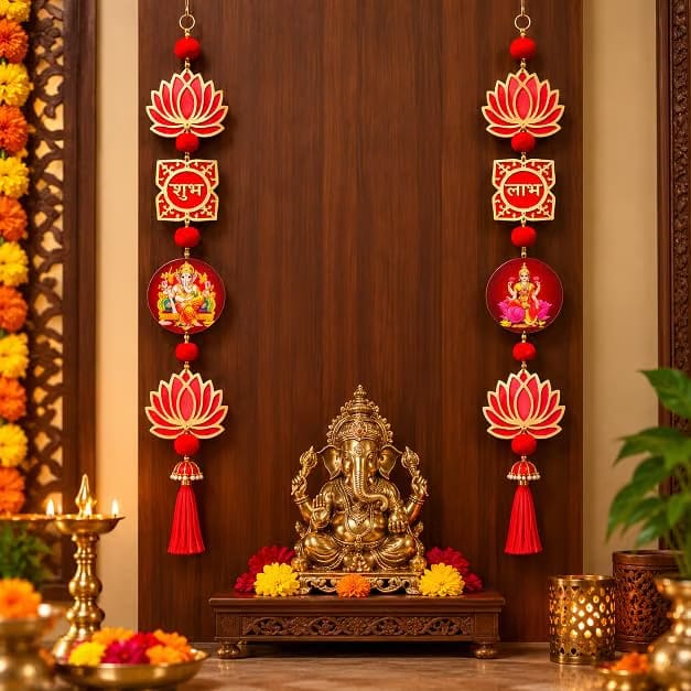 SL-01 Wooden Lotus shubh labh laxmi Ganesha hangings for Door Entrance