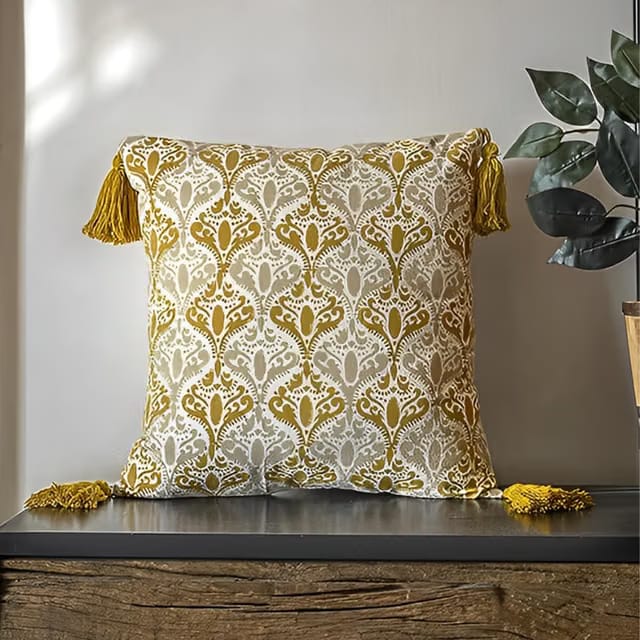 Decorative Mustard Cushion Cover, Mughal Print Pillow Cover, Jaipuri Printed Designed Cushion Cover, 20 x 20 Inches