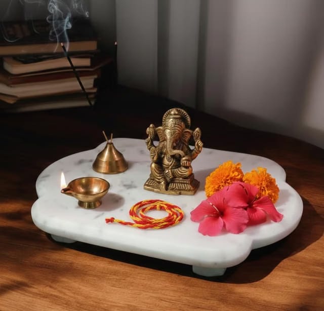 White Marble Pooja Chowki for Mandir Temple, Home Decor - God Idols, Diya Placing - 7x5 Inch