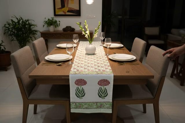 Block Print Marigold Table Runner, White and Green, Cotton, Dining Table Decor (13 x 72 Inch)
