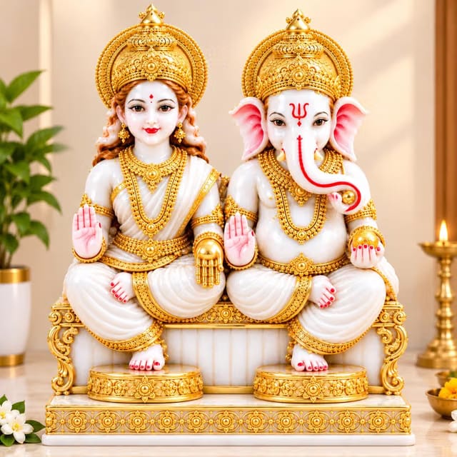 Laxmi Ganesh Idol for Home Decor Mandir Table Desktop Decoration/Sitting Lakshmi Ganesha Murti - 12 cm (Marble