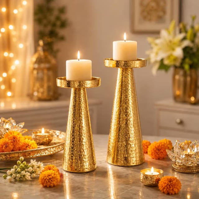 MFU – Made For You Gold Metal Pillar Candle Holder Set of 2
