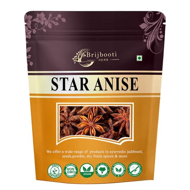 BrijBooti Star Anise - Star Anise Whole - Chakri Phool - Badhiyan Fool - चक्रफूल - Illicium verum 25Gr