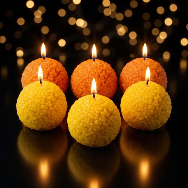 Motichoor Ladoo Scented Candles with Sandalwood Fragrance, Scented Decorative Smokeless Wax Diyas for Diwali