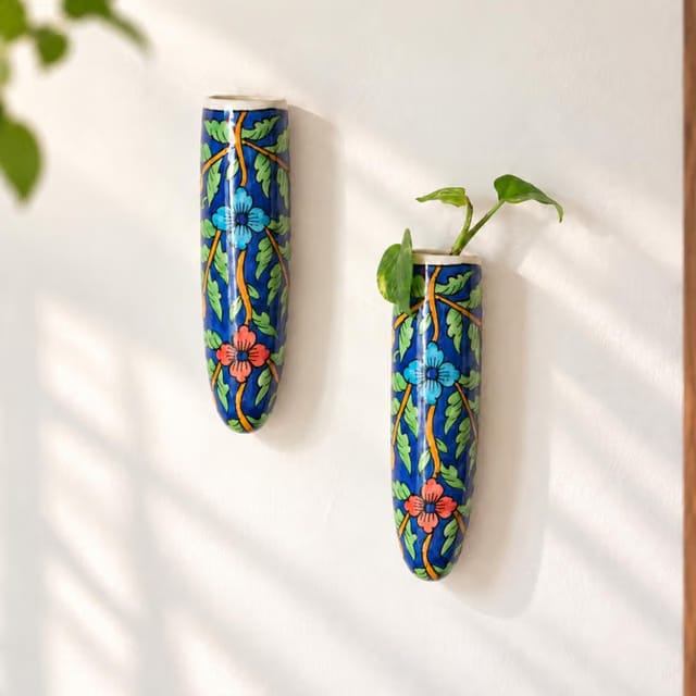 'Blooming Blossoms' Hand-Painted Ceramic Wall Planter for Home Decoration(Set of 2)|Decorative Wall Planter for Living
