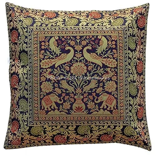 Banarsi Brocade Silk Sofa Couch Cushion Cover 40x40 cm Deepawali Decor Jacquard Elephant Traditional Decorative