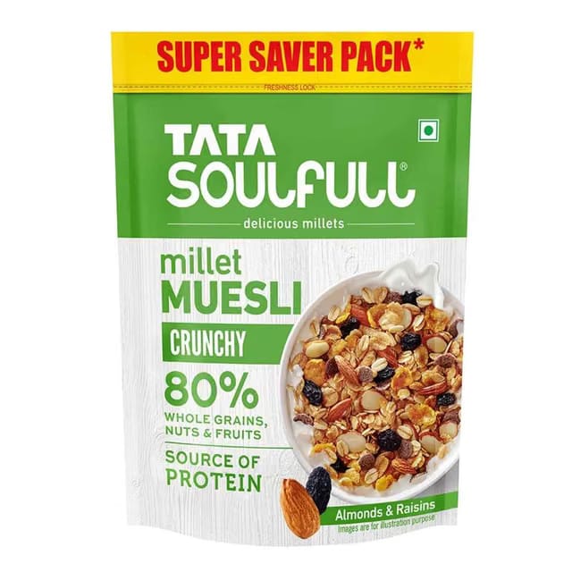 Tata Soulfull Millet Muesli, Crunchy 80% Whole Grains Nuts & Fruits Breakfast Cereal