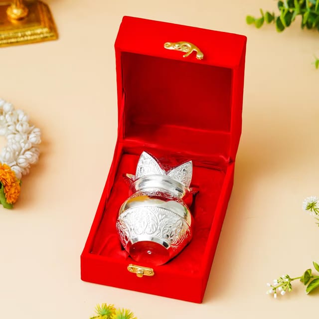 Webelkart Antique German Silver Plated Pooja Kalash with Coconut for Pooja Decor with Red Velvet Box/Swastik Kalash for