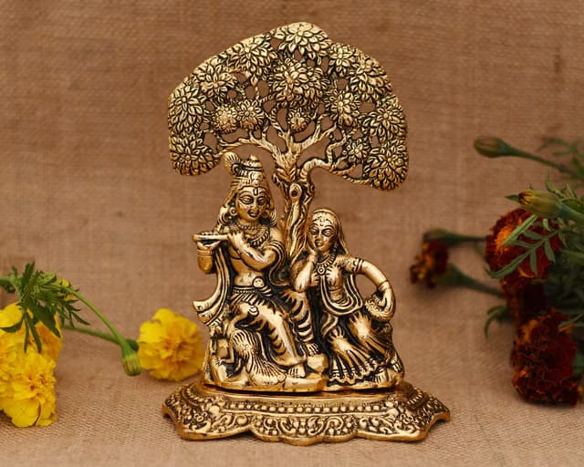 Craftam Radha Krishna Sitting Under Tree Idol Metal Statue Showpiece